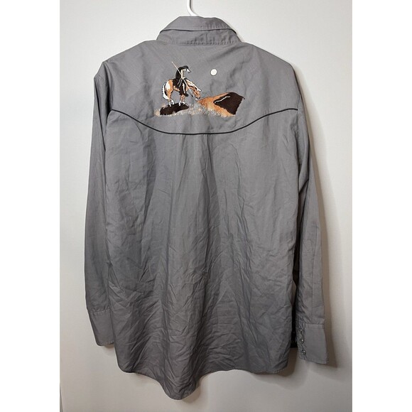 Mens L Vintage Ely Diamond Gray Shirt With Indian On Horse Snap Western Shirt - Picture 6 of 7
